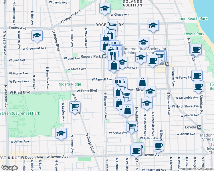 map of restaurants, bars, coffee shops, grocery stores, and more near 6821 North Ravenswood Avenue in Chicago