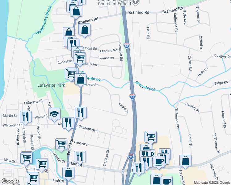 map of restaurants, bars, coffee shops, grocery stores, and more near 90 Laurel Street in Enfield