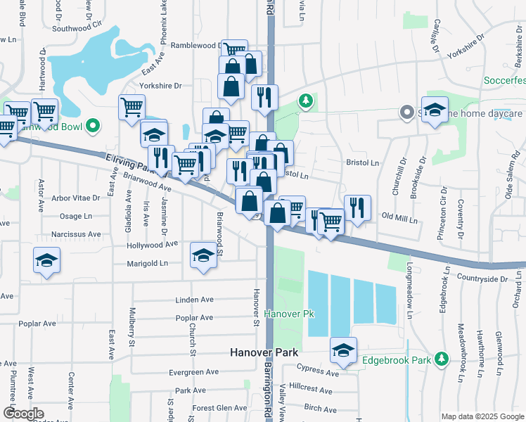 map of restaurants, bars, coffee shops, grocery stores, and more near 1600 Illinois 19 in Hanover Park