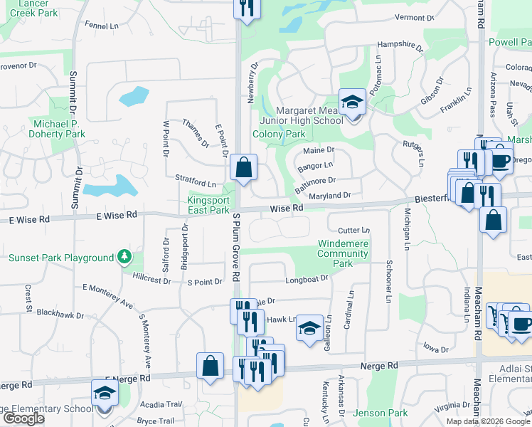 map of restaurants, bars, coffee shops, grocery stores, and more near 826 Knottingham Drive in Schaumburg