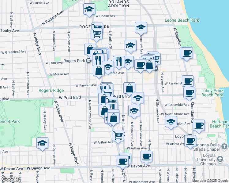 map of restaurants, bars, coffee shops, grocery stores, and more near 1648 West Pratt Boulevard in Chicago
