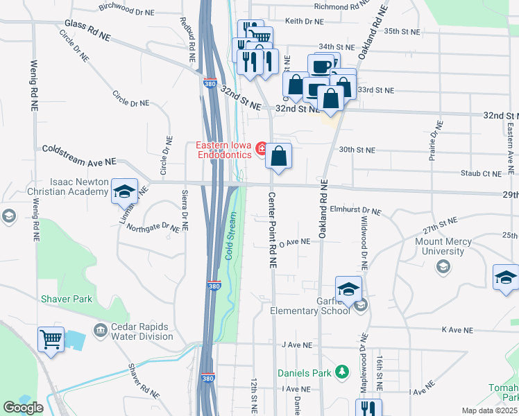 map of restaurants, bars, coffee shops, grocery stores, and more near 1627 Center Point Road Northeast in Cedar Rapids