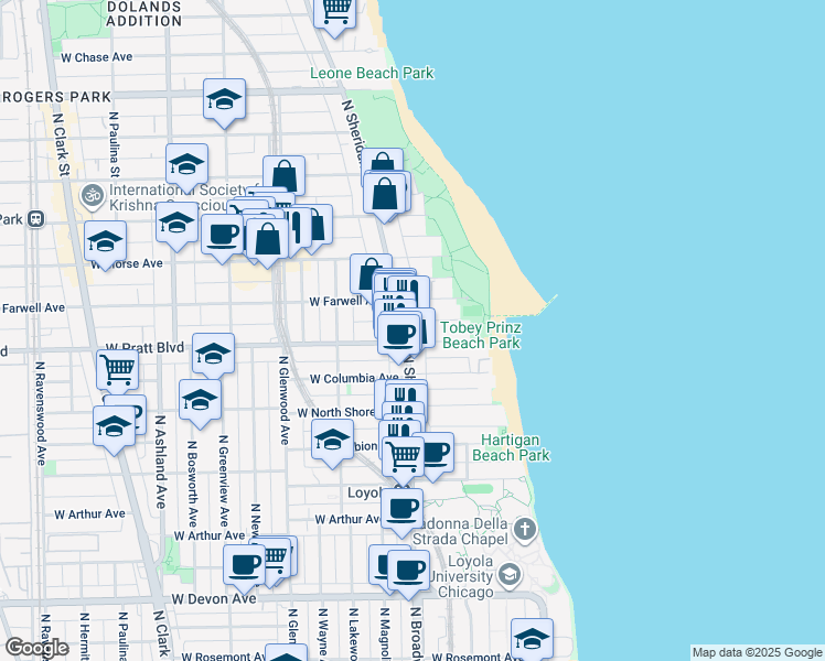 map of restaurants, bars, coffee shops, grocery stores, and more near 1134 West Pratt Boulevard in Chicago