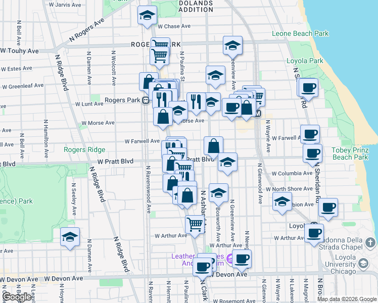 map of restaurants, bars, coffee shops, grocery stores, and more near 1640 West Pratt Boulevard in Chicago