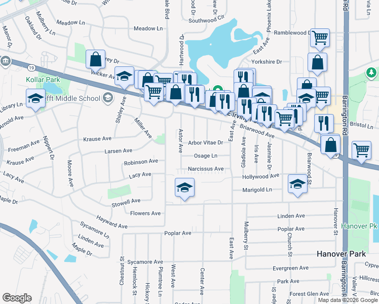 map of restaurants, bars, coffee shops, grocery stores, and more near 2130 Osage Lane in Hanover Park