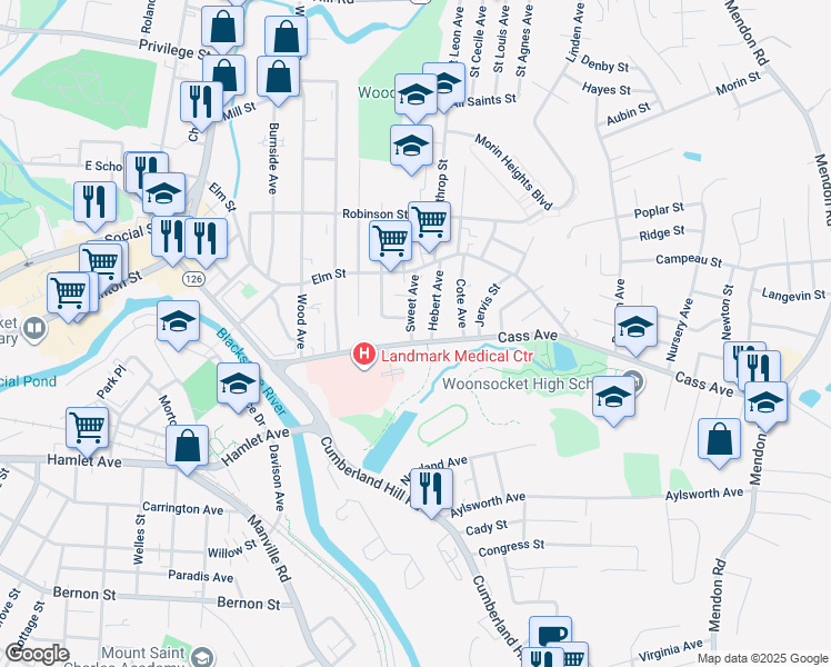 map of restaurants, bars, coffee shops, grocery stores, and more near 12 Sweet Avenue in Woonsocket