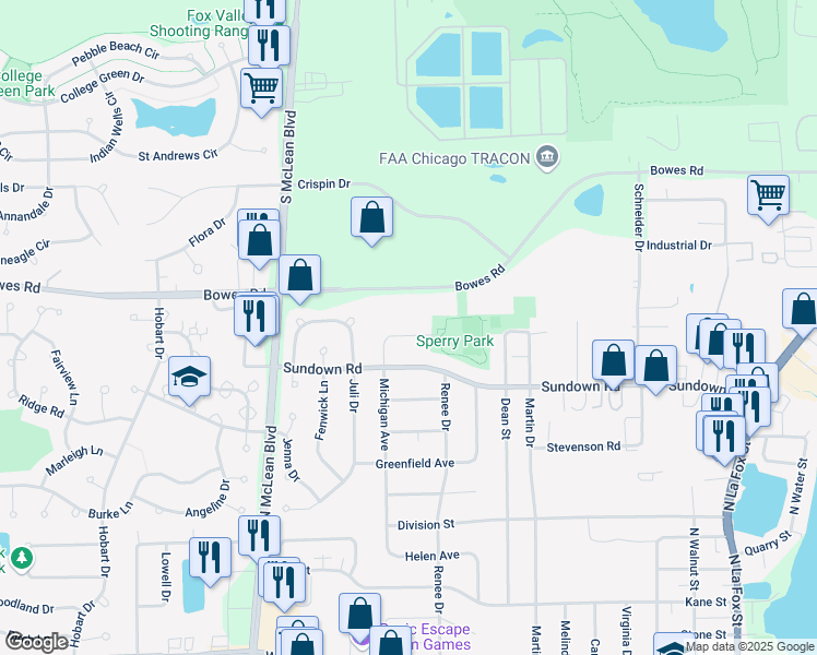 map of restaurants, bars, coffee shops, grocery stores, and more near 766 Michigan Avenue in South Elgin