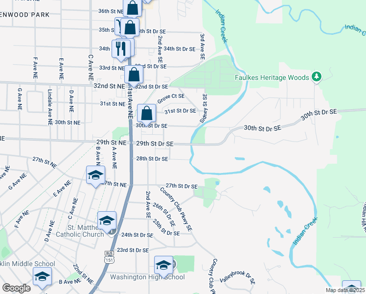 map of restaurants, bars, coffee shops, grocery stores, and more near 331 29th Street Drive Southeast in Cedar Rapids