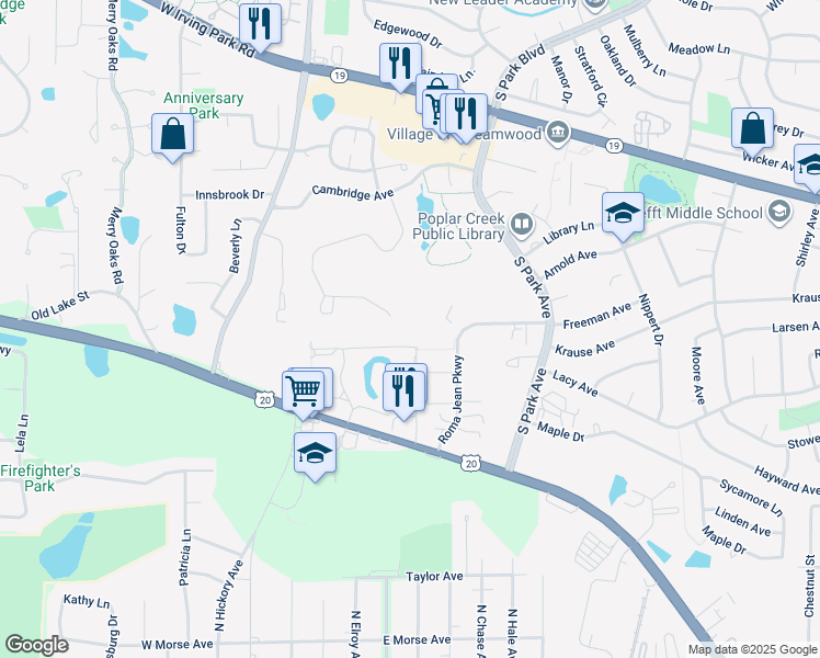 map of restaurants, bars, coffee shops, grocery stores, and more near 4042 Princeton Court in Streamwood