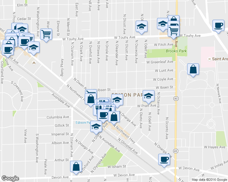 map of restaurants, bars, coffee shops, grocery stores, and more near 6858 N Oleander Ave in Chicago
