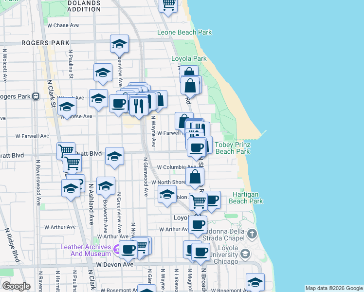 map of restaurants, bars, coffee shops, grocery stores, and more near 1238 West Pratt Boulevard in Chicago