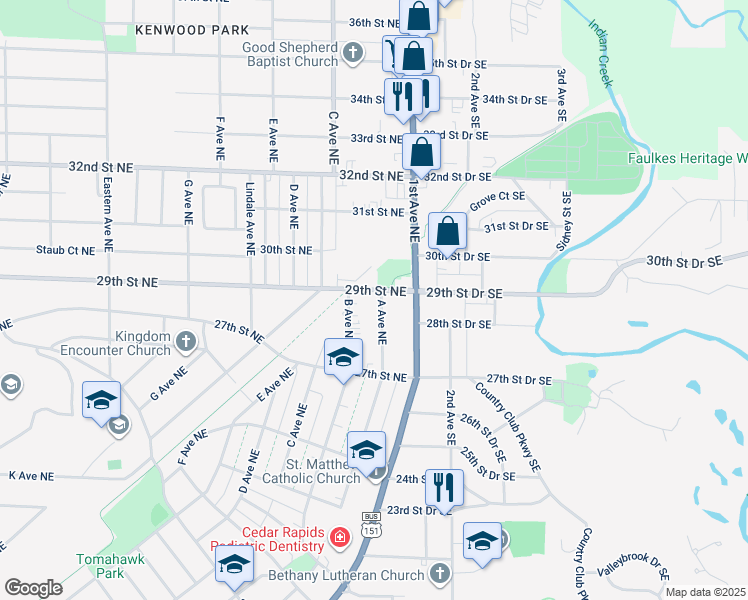 map of restaurants, bars, coffee shops, grocery stores, and more near 203 29th Street Northeast in Cedar Rapids