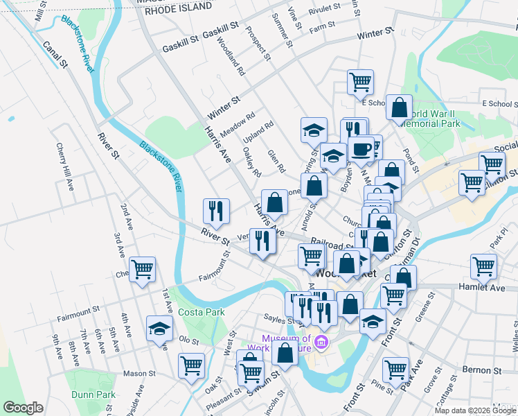 map of restaurants, bars, coffee shops, grocery stores, and more near 111 Harris Avenue in Woonsocket