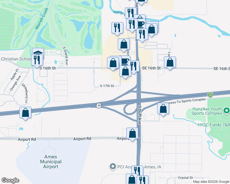 map of restaurants, bars, coffee shops, grocery stores, and more near 310 South 17th Street in Ames