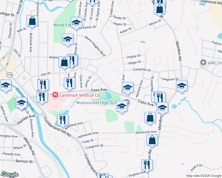 map of restaurants, bars, coffee shops, grocery stores, and more near 48 Edgewood Avenue in Woonsocket