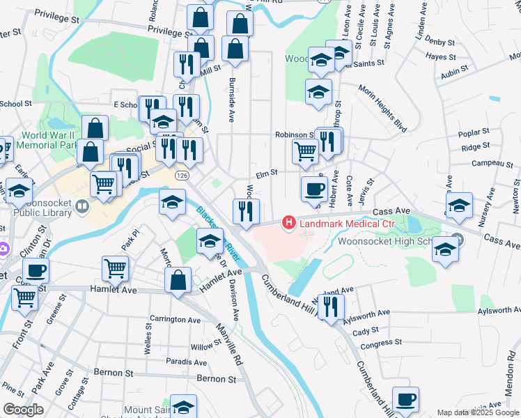 map of restaurants, bars, coffee shops, grocery stores, and more near 59 Wood Avenue in Woonsocket