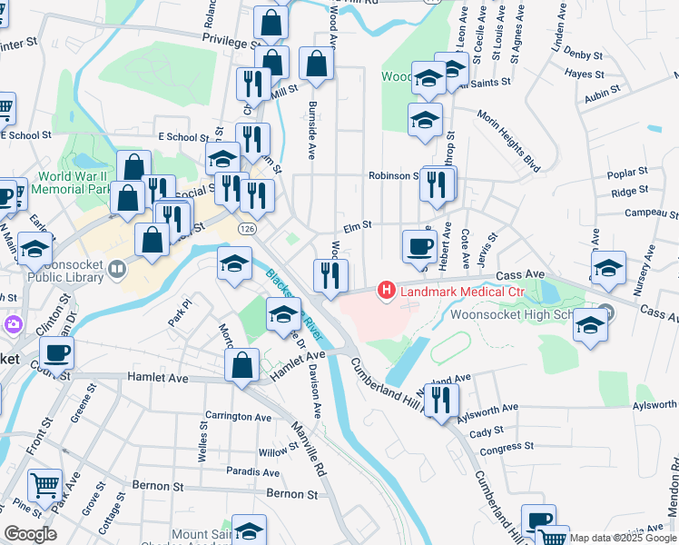map of restaurants, bars, coffee shops, grocery stores, and more near 59 Wood Avenue in Woonsocket