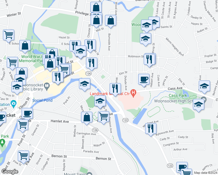 map of restaurants, bars, coffee shops, grocery stores, and more near 182 Cumberland Street in Woonsocket