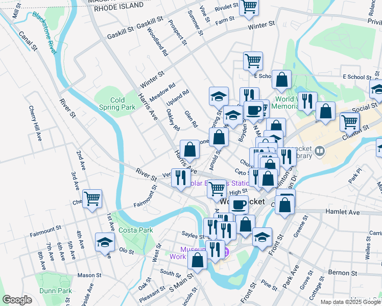 map of restaurants, bars, coffee shops, grocery stores, and more near 34 Kindergarten Street in Woonsocket