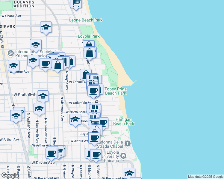 map of restaurants, bars, coffee shops, grocery stores, and more near 1094 West Pratt Boulevard in Chicago