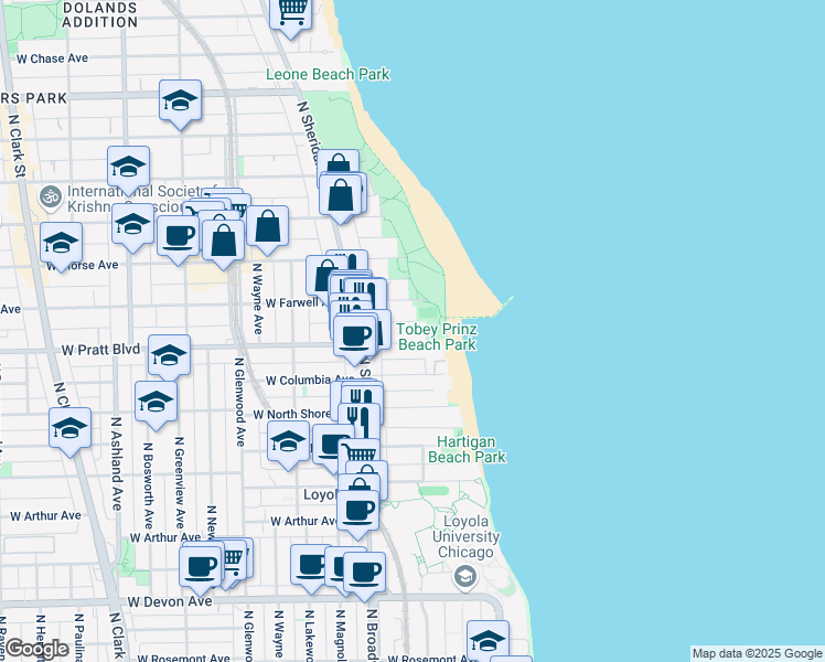 map of restaurants, bars, coffee shops, grocery stores, and more near 1094 West Pratt Boulevard in Chicago