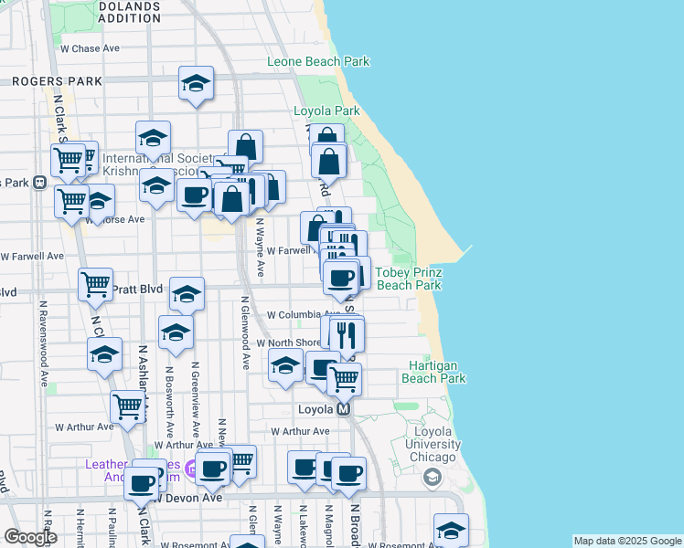 map of restaurants, bars, coffee shops, grocery stores, and more near 6814 North Sheridan Road in Chicago