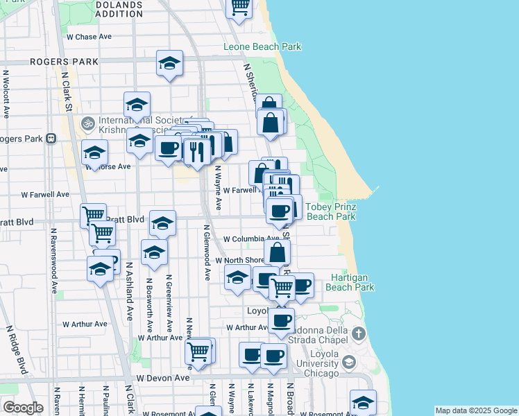 map of restaurants, bars, coffee shops, grocery stores, and more near 1246 West Pratt Boulevard in Chicago