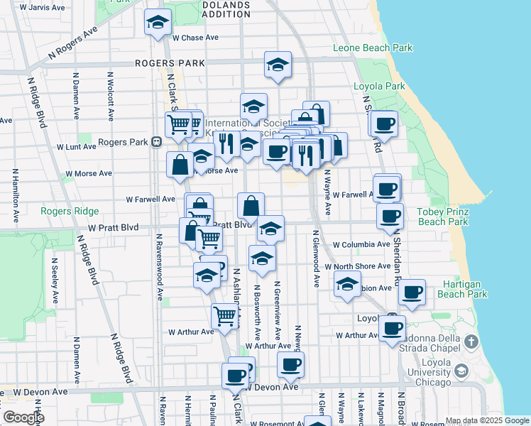 map of restaurants, bars, coffee shops, grocery stores, and more near 1524 West Pratt Boulevard in Chicago