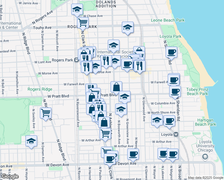 map of restaurants, bars, coffee shops, grocery stores, and more near 6818 North Ashland Avenue in Chicago