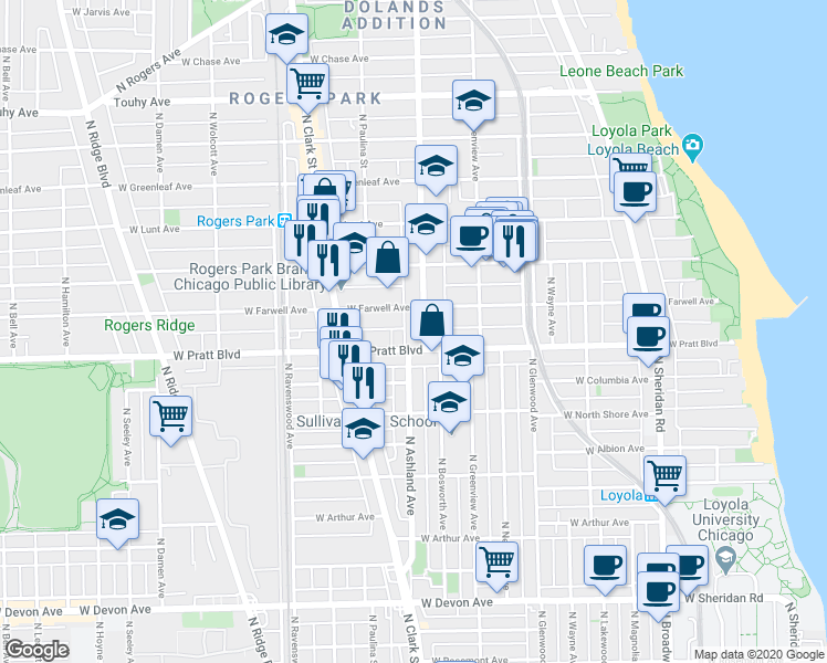 map of restaurants, bars, coffee shops, grocery stores, and more near 6818 North Ashland Avenue in Chicago