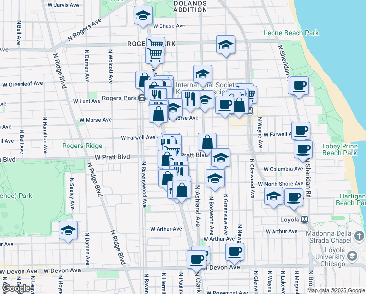 map of restaurants, bars, coffee shops, grocery stores, and more near 1648 West Pratt Boulevard in Chicago