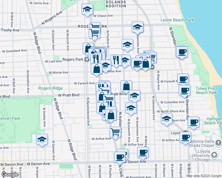 map of restaurants, bars, coffee shops, grocery stores, and more near 1648 West Pratt Boulevard in Chicago