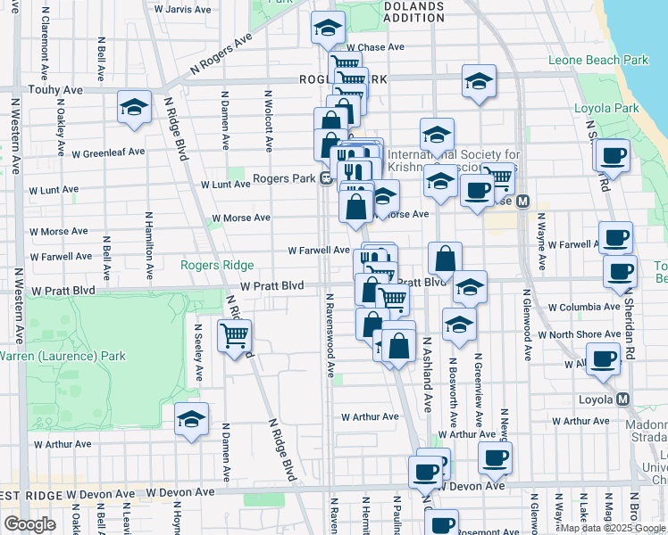 map of restaurants, bars, coffee shops, grocery stores, and more near 6821 North Ravenswood Avenue in Chicago