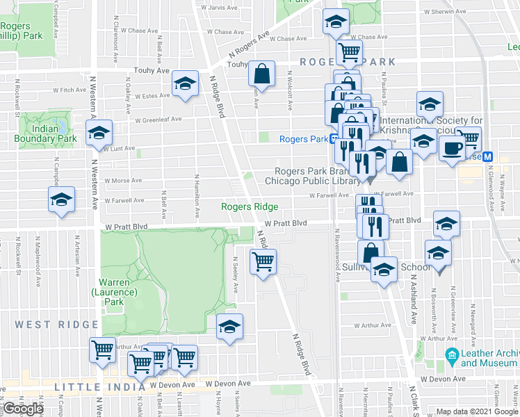 map of restaurants, bars, coffee shops, grocery stores, and more near 1937 West Farwell Avenue in Chicago