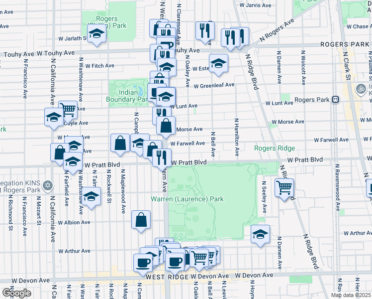 map of restaurants, bars, coffee shops, grocery stores, and more near 2307 West Farwell Avenue in Chicago