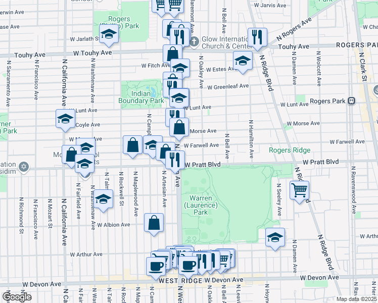 map of restaurants, bars, coffee shops, grocery stores, and more near 2307 West Farwell Avenue in Chicago