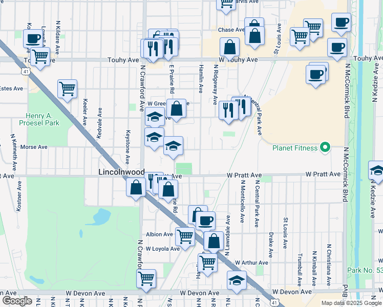 map of restaurants, bars, coffee shops, grocery stores, and more near 3821 Morse Avenue in Lincolnwood
