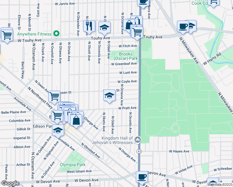 map of restaurants, bars, coffee shops, grocery stores, and more near 7319 West Ibsen Street in Chicago