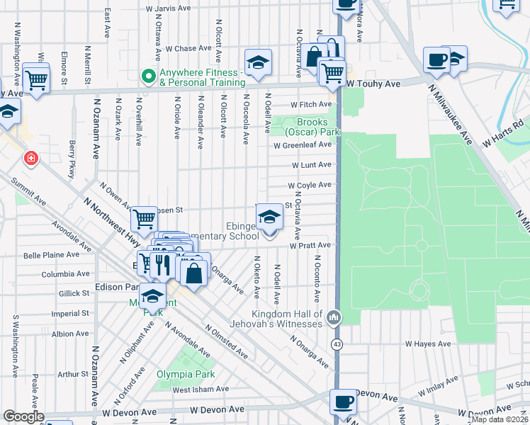 map of restaurants, bars, coffee shops, grocery stores, and more near 7361 West Ibsen Street in Chicago