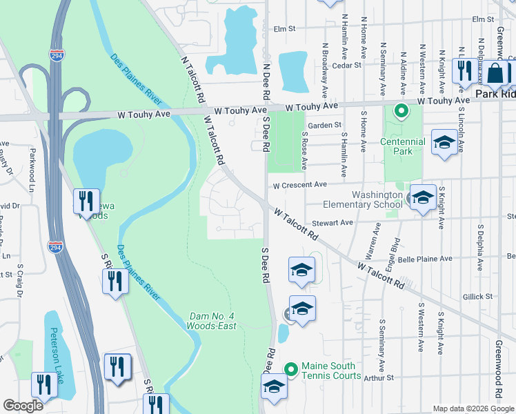 map of restaurants, bars, coffee shops, grocery stores, and more near 201 Ascot Drive in Park Ridge