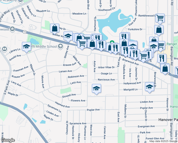 map of restaurants, bars, coffee shops, grocery stores, and more near 1605 McKool Avenue in Streamwood