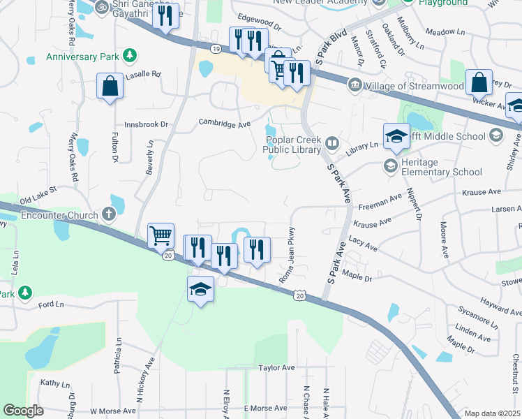 map of restaurants, bars, coffee shops, grocery stores, and more near 4042 Princeton Court in Streamwood