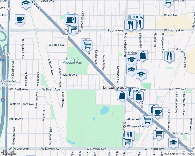 map of restaurants, bars, coffee shops, grocery stores, and more near 6849 Keeler Avenue in Lincolnwood
