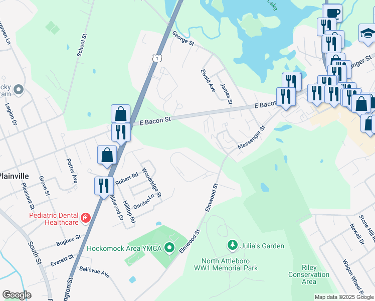 map of restaurants, bars, coffee shops, grocery stores, and more near 45 Terry Lane in Plainville