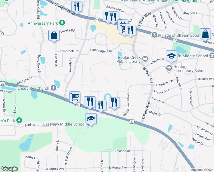 map of restaurants, bars, coffee shops, grocery stores, and more near 4011 Oxford Court in Streamwood