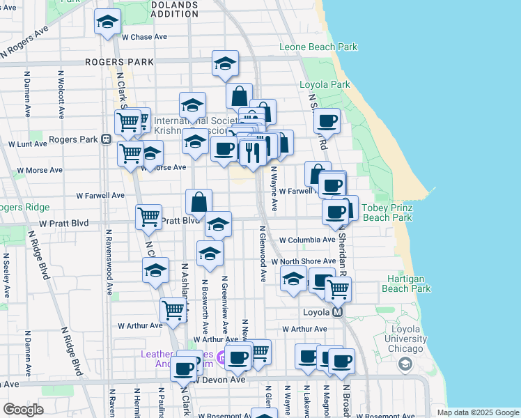 map of restaurants, bars, coffee shops, grocery stores, and more near 6805 N Glenwood Ave in Chicago