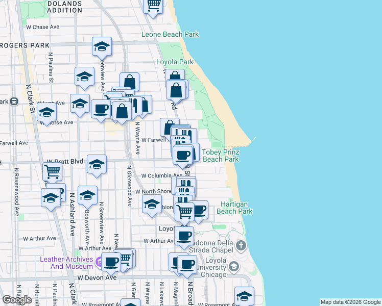 map of restaurants, bars, coffee shops, grocery stores, and more near 1134 West Pratt Boulevard in Chicago
