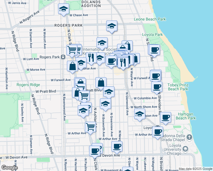 map of restaurants, bars, coffee shops, grocery stores, and more near 1524 West Pratt Boulevard in Chicago