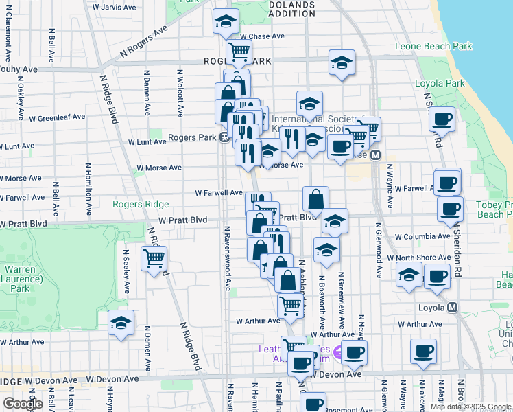 map of restaurants, bars, coffee shops, grocery stores, and more near 6816A North Clark Street in Chicago