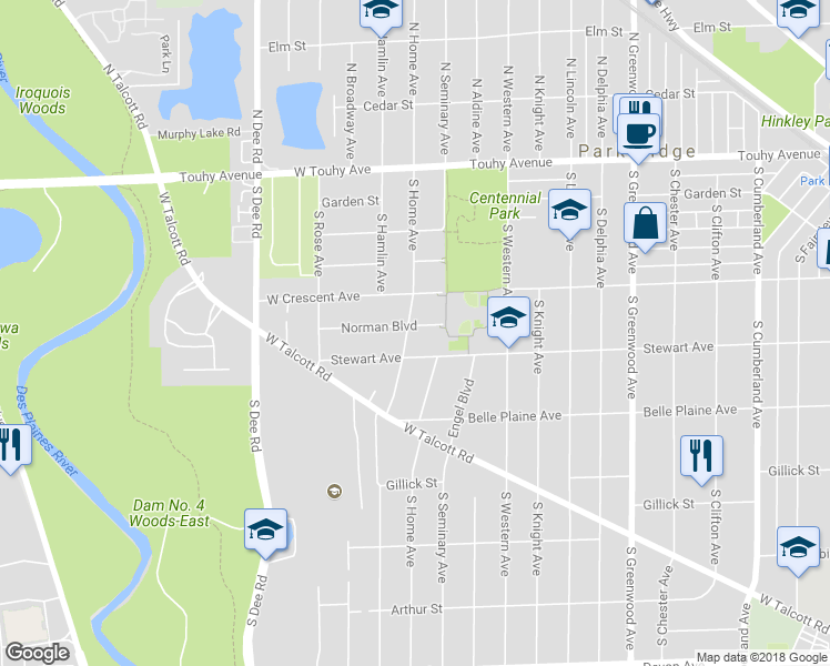 map of restaurants, bars, coffee shops, grocery stores, and more near 327 South Home Avenue in Park Ridge
